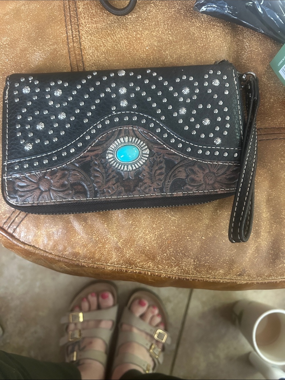 Embellished Black and Brown Wristlet Clutch with Turquoise Accent